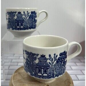 Blue Willow Churchill England Tea Cups Coffee Cups Set Of 2 Vintage Cottage